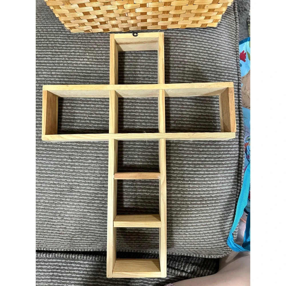 Wooden Cross Trinket Shelf Wall Shelf Religious Display Case Natural Wood Decor